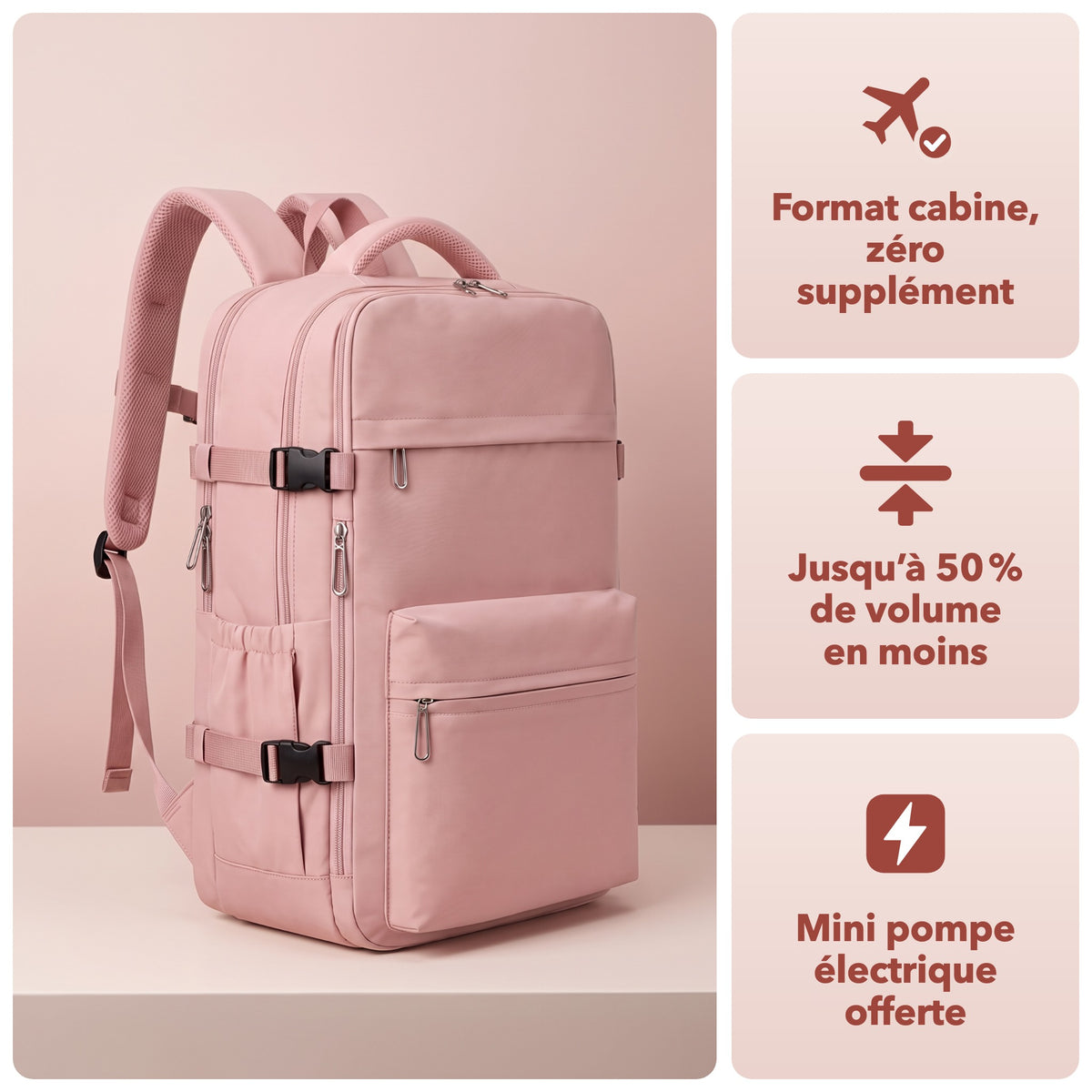 Cabinaute rose : format cabine, jusqu'à 50 % de volume en moins, mini pompe électrique offerte
