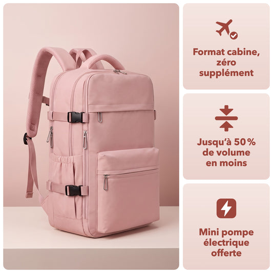 Cabinaute rose : format cabine, jusqu'à 50 % de volume en moins, mini pompe électrique offerte